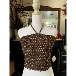 Statement Womens Brown Polka Dot Halter Top Smocked Linen Cotton Y2K Cottagecore